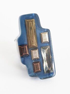 Luc Kieffer Architectural Ring Navy Resin Bronze Swarovski Crystal NWOT
